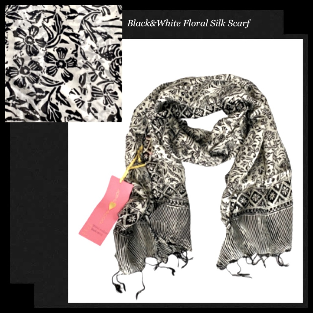 LOVE SHOP 100% Silk Black & White Floral Print Skinny Scarf with Tassels